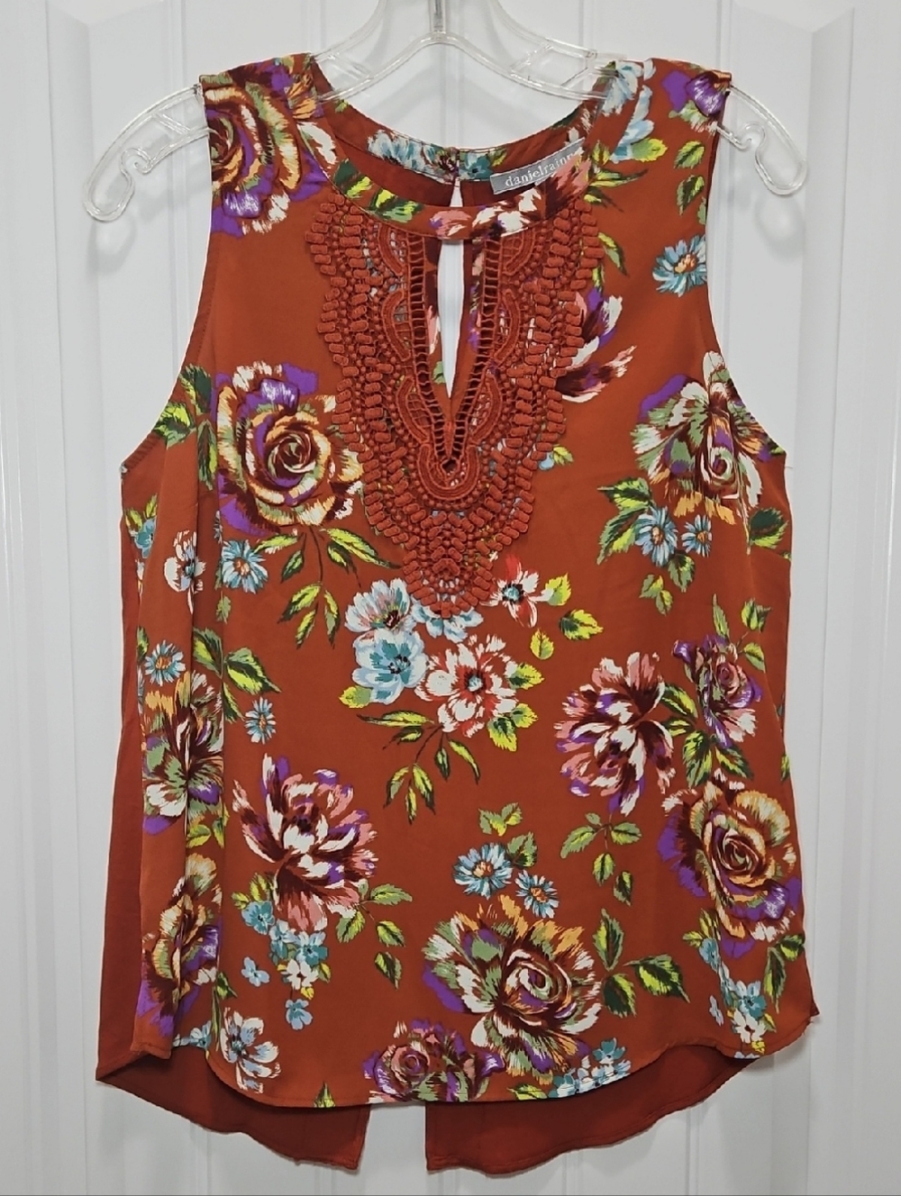 Daniel Rainn Rust Floral Crochet-Trim Sleeveless Camisole Blouse Sleeveless Top